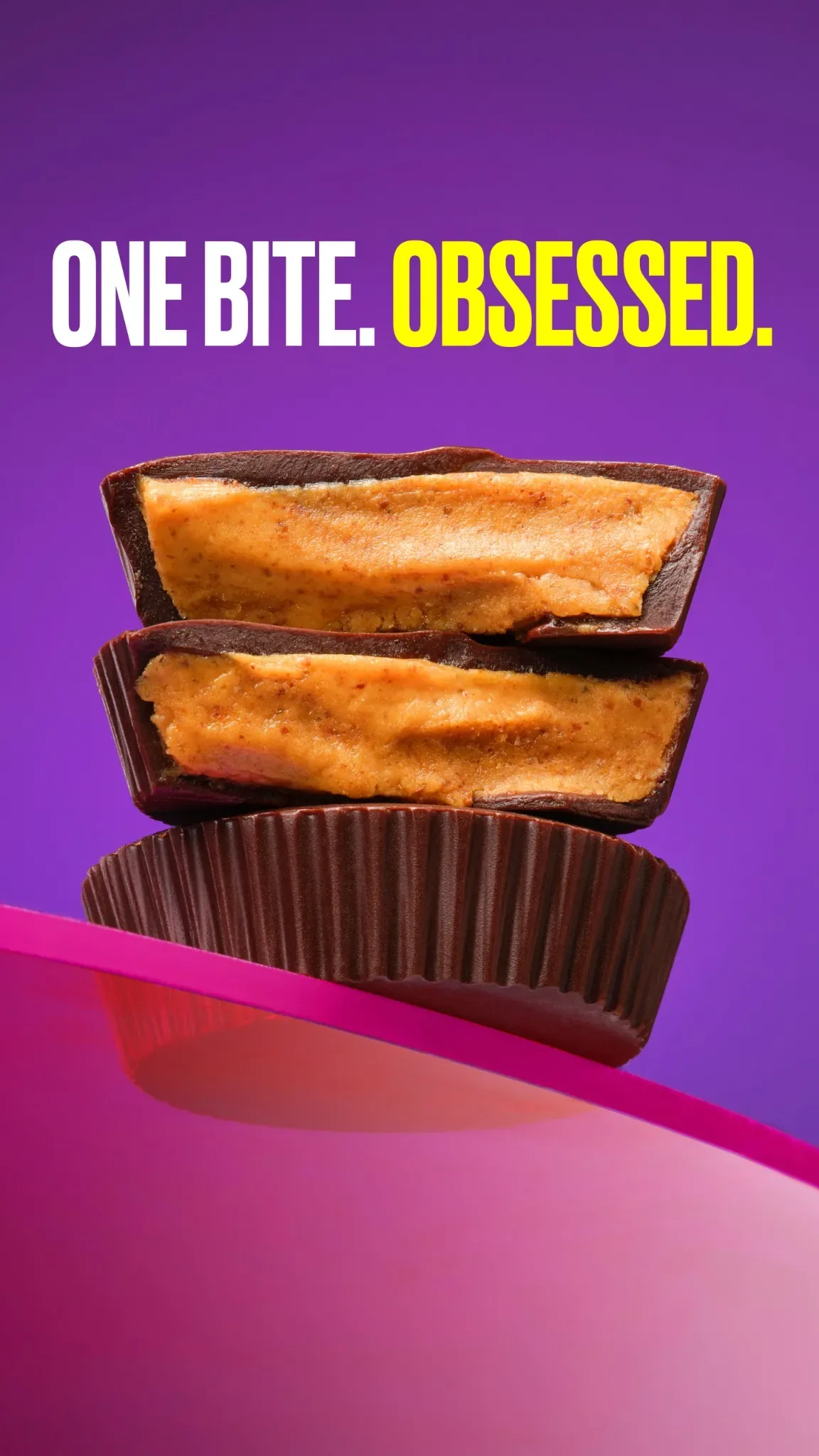 SkinnyDipped snack ad example: halved peanut butter cups stacked on purple under One bite. Obsessed.