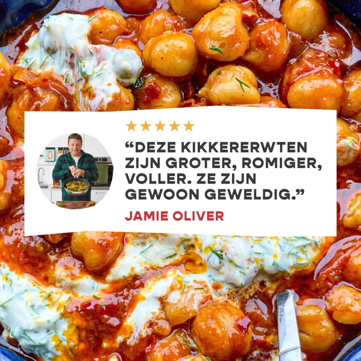 Bold Bean Co food ad example: chickpeas in tomato sauce with yogurt and a Jamie Oliver five-star quote card