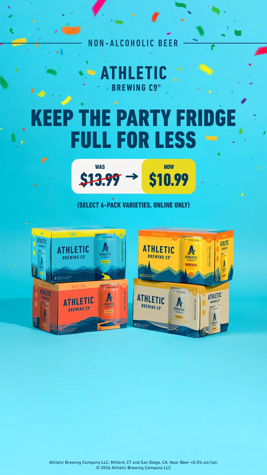 Athletic Brewing non-alcoholic beer ad example: four six-packs on blue with a $13.99 to $10.99 price drop