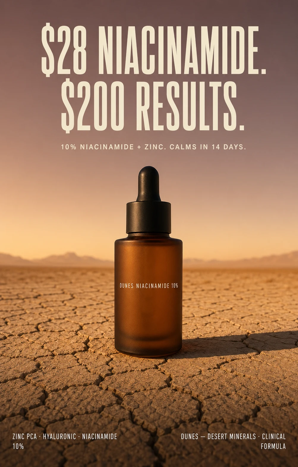 DUNES niacinamide serum Instagram ad generated by GPT Image 2. Headline "$28 NIACINAMIDE. $200 RESULTS." renders correctly above a frosted amber dropper bottle on cracked desert clay at golden hour.