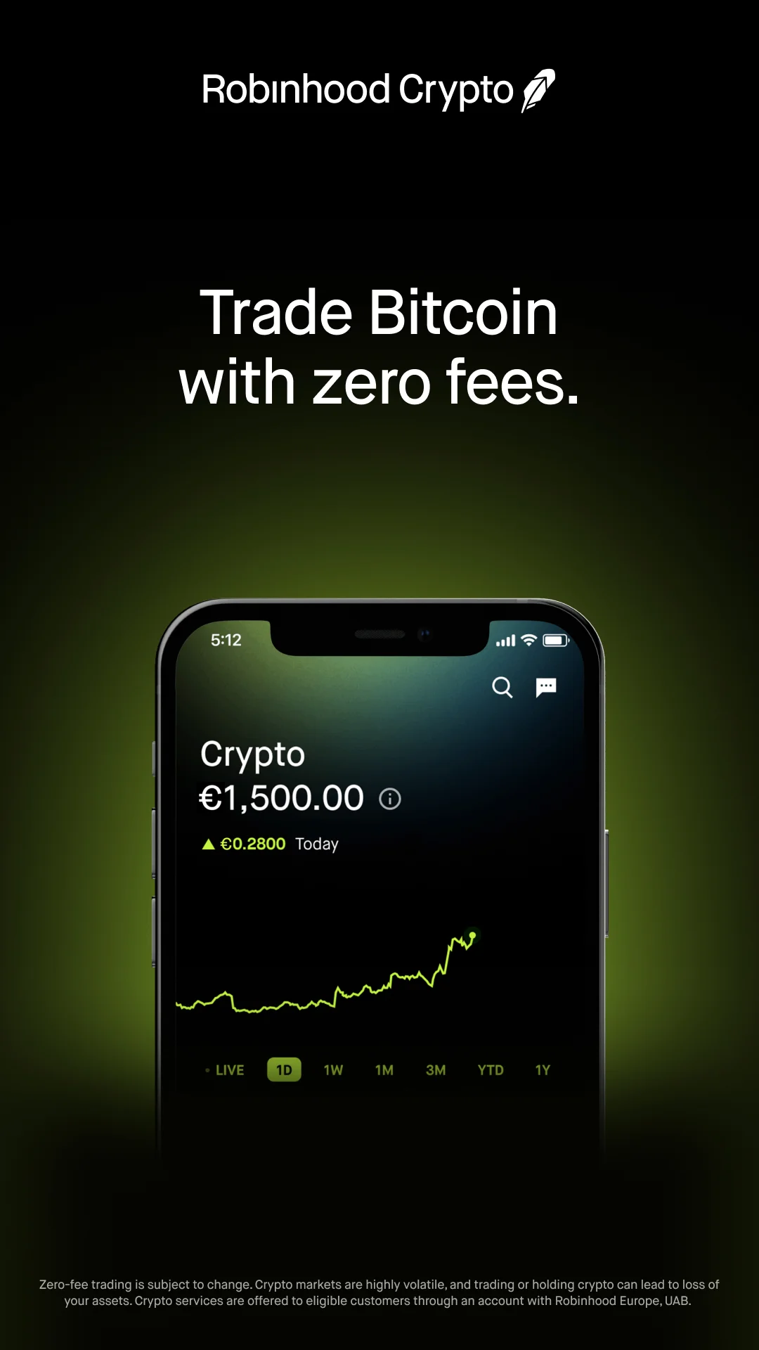 Robinhood Crypto app install ad reading Trade Bitcoin with zero fees, showing the in-app trading screen