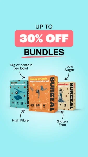 Surreal cereal static ad with "Up to 30% off bundles" offer on a blue background