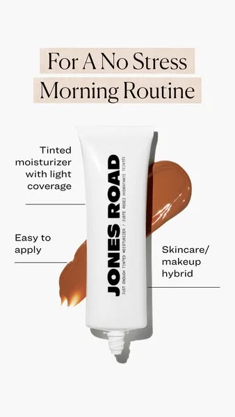 Jones Road tinted moisturizer static ad with feature callouts on a white background
