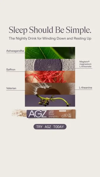 AG1 minimalist static ad with ingredient textures and "Sleep should be simple" headline