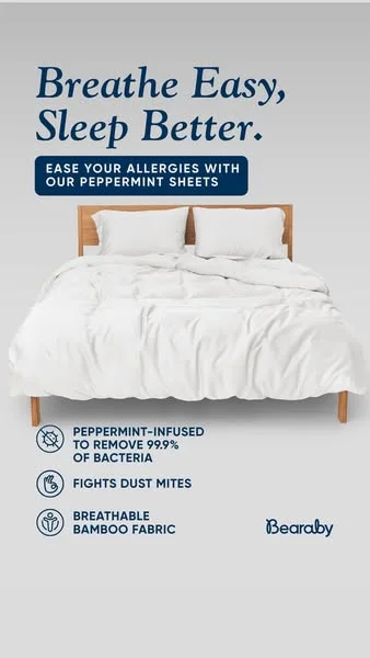 Bearaby bedding static ad with "Breathe easy, sleep better" headline on a grey background