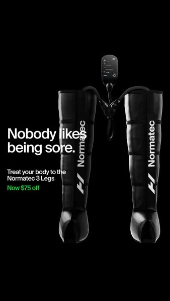 Hyperice Normatec recovery boots static ad on a black background with a green discount accent
