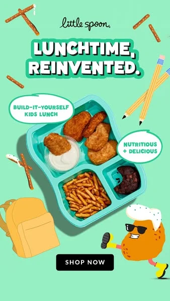 Little Spoon kids bento box flat lay static ad with "Lunchtime, reinvented" headline