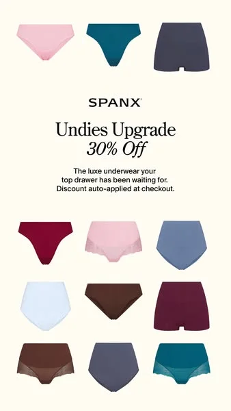 SPANX underwear grid static ad with "Undies Upgrade" headline and a 30% off offer