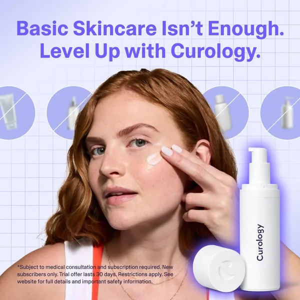 Curology static ad with a model applying product and "Basic skincare isn't enough" headline