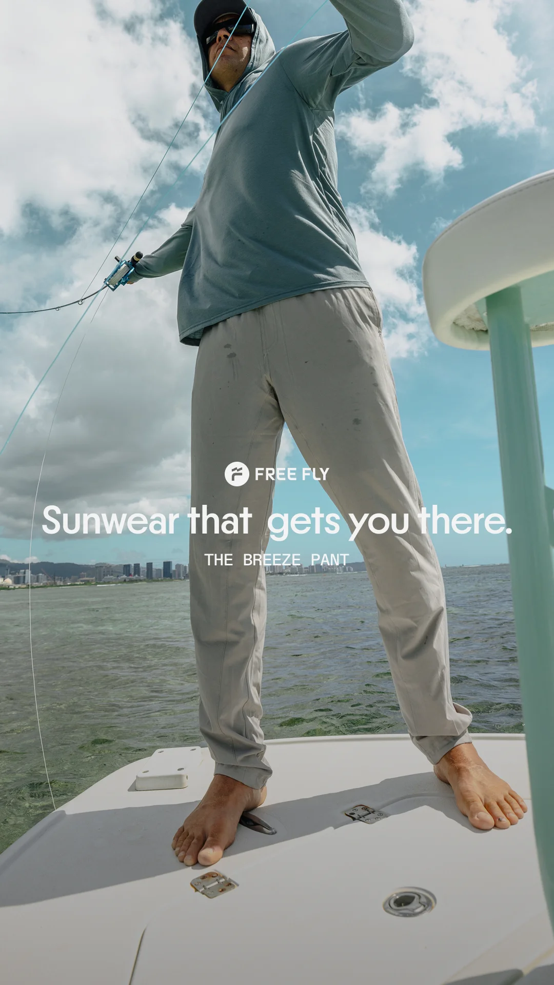 Free Fly sunwear low-angle outdoor lifestyle static ad with "Sunwear that gets you there"