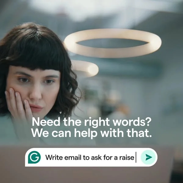 Grammarly static ad showing a user and a UI snippet with "Need the right words?" headline