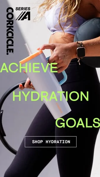 Corkcicle tumbler in-use lifestyle static ad with neon "Achieve hydration goals" text