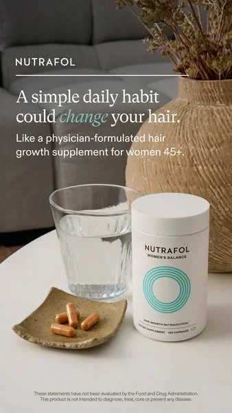 Nutrafol supplement lifestyle static ad styled with a glass of water in a calm home setting