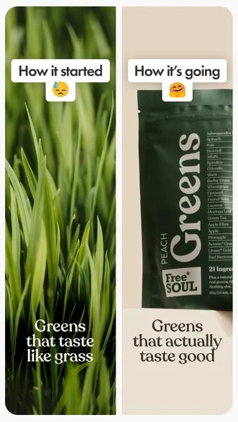 Free Soul greens before-and-after static ad contrasting raw grass with finished product