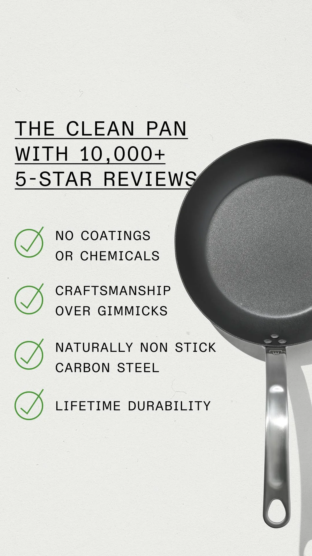 Made In carbon steel pan split-screen static ad with "10,000+ 5-star reviews" headline