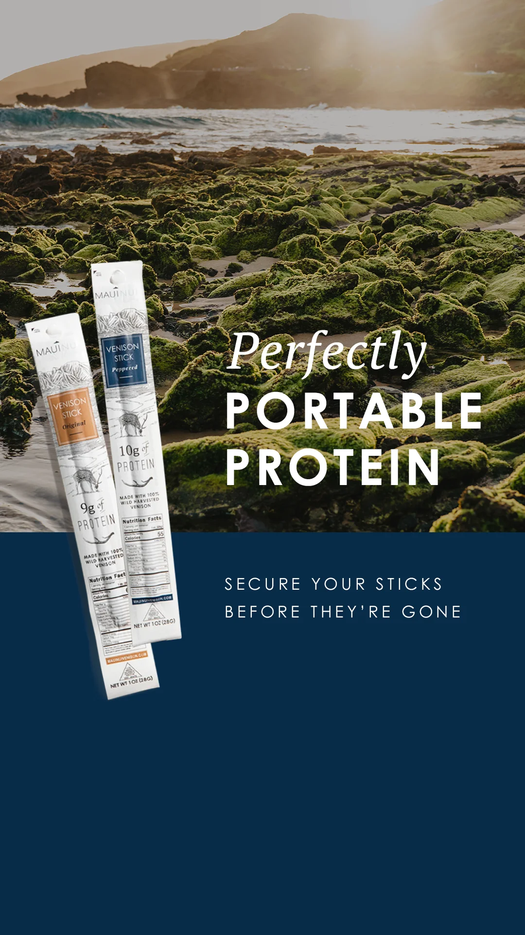 Maui Nui Venison sticks split-screen static ad with a Hawaiian coastline and "Portable protein"