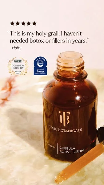 True Botanicals testimonial static ad with a customer quote and amber bottle on marble