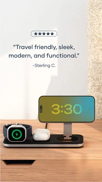 Satechi charging station testimonial static ad with a five-star quote on a wooden surface