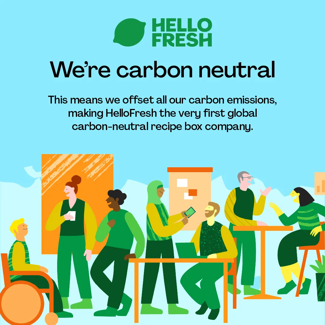 HelloFresh "We're carbon neutral" static ad with bold text and a friendly illustration