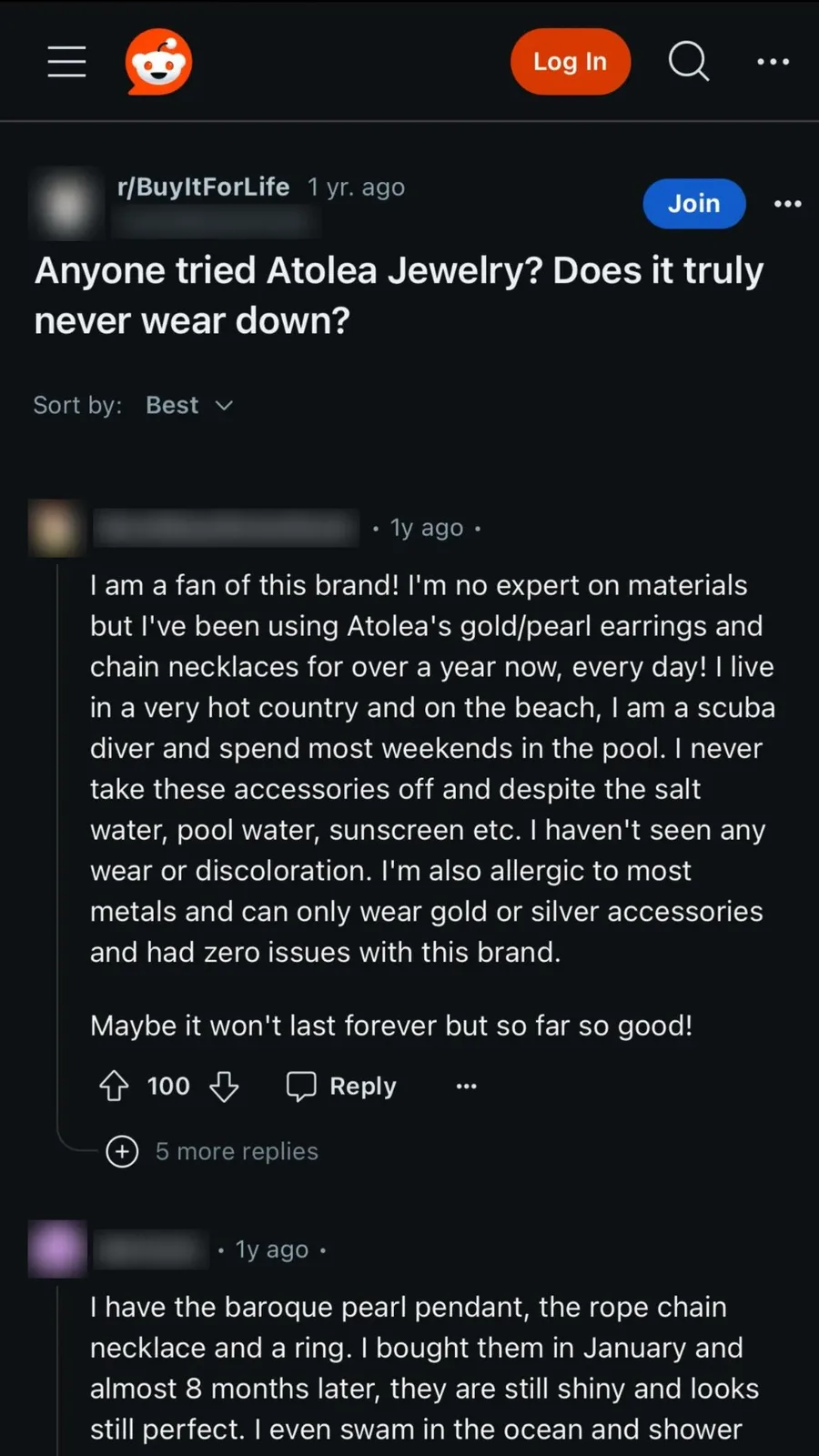 Atolea Jewelry ad: a screenshot of an r/BuyItForLife thread asking "Anyone tried Atolea Jewelry? Does it truly never wear down?" with a 100-upvote reply, usernames blurred