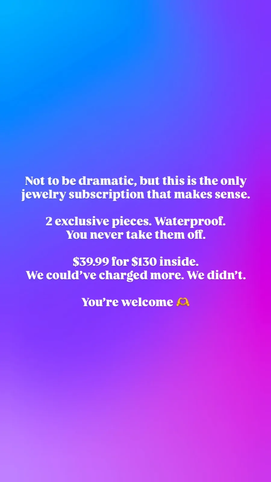 Atolea Jewelry text-only ad on a blue-to-purple gradient: "the only jewelry subscription that makes sense. $39.99 for $130 inside."