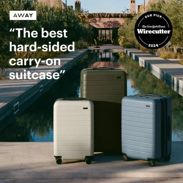 Away luxury ad example: three carry-ons in sage, olive, and slate on a terrace by a pool with a Wirecutter quote