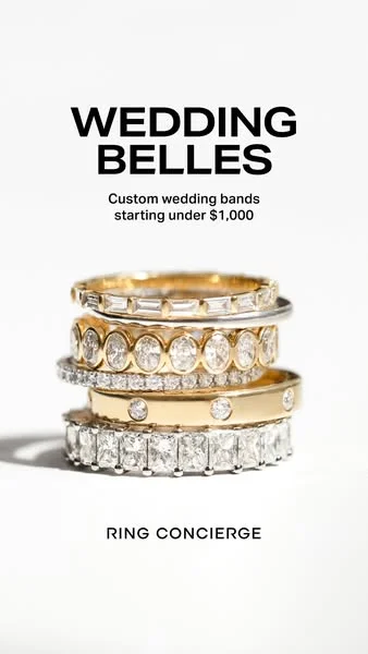 Ring Concierge luxury ad example: five diamond bands stacked on white, Custom wedding bands starting under $1,000