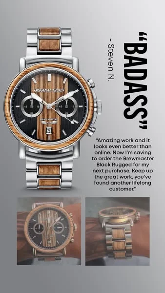 Original Grain luxury ad example: a wood-and-steel chronograph with a one-word review, BADASS, rotated down the edge