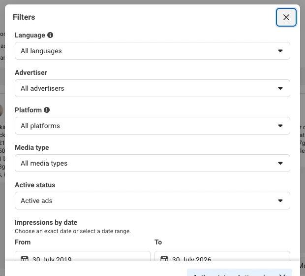 Meta Ad Library filter panel with six controls, ending in Impressions by date — a date picker, not a volume filter