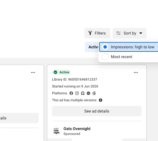 Meta Ad Library Sort by dropdown with its two options: Impressions high to low, and Most recent