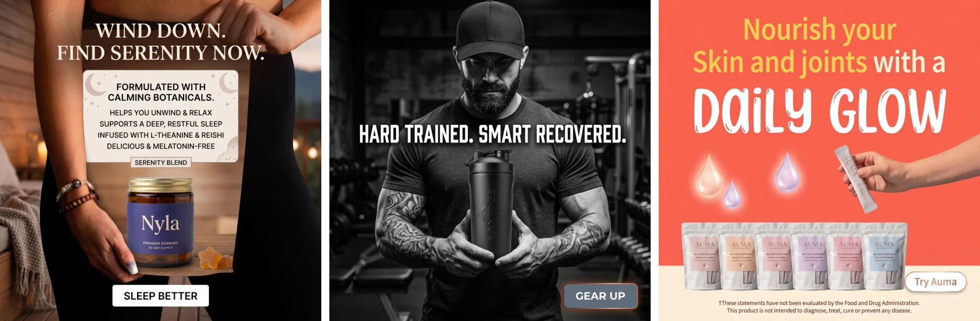 Three real ads generated with AdDogs: sleep gummies, a gym shaker bottle, and collagen sachets