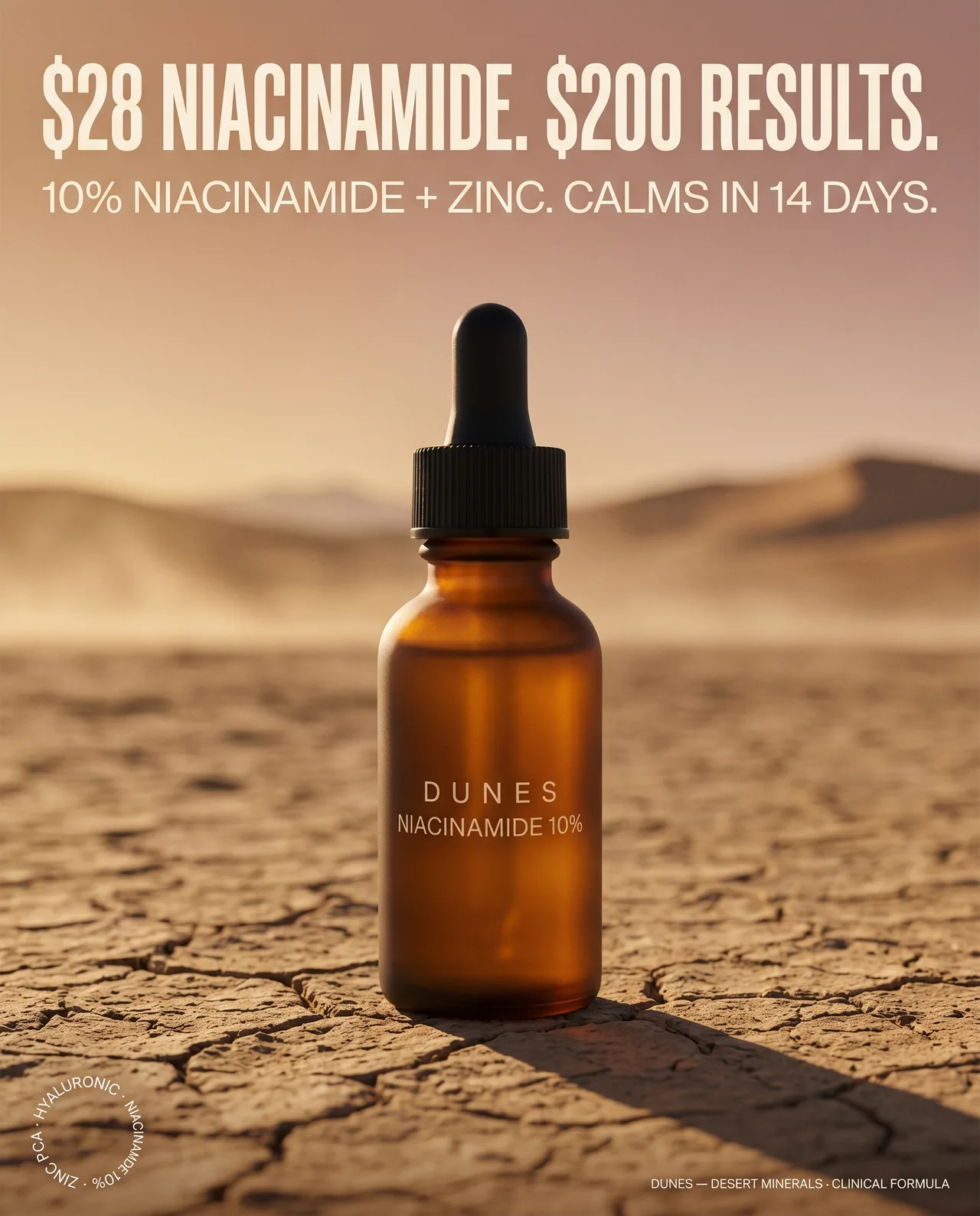 Nano Banana 2 output for the DUNES skincare ad prompt at HIGH thinking, 4:5 portrait, 2K — frosted amber dropper bottle on cracked desert clay with cream headline reading $28 NIACINAMIDE. $200 RESULTS. and subhead 10% NIACINAMIDE + ZINC. CALMS IN 14 DAYS.