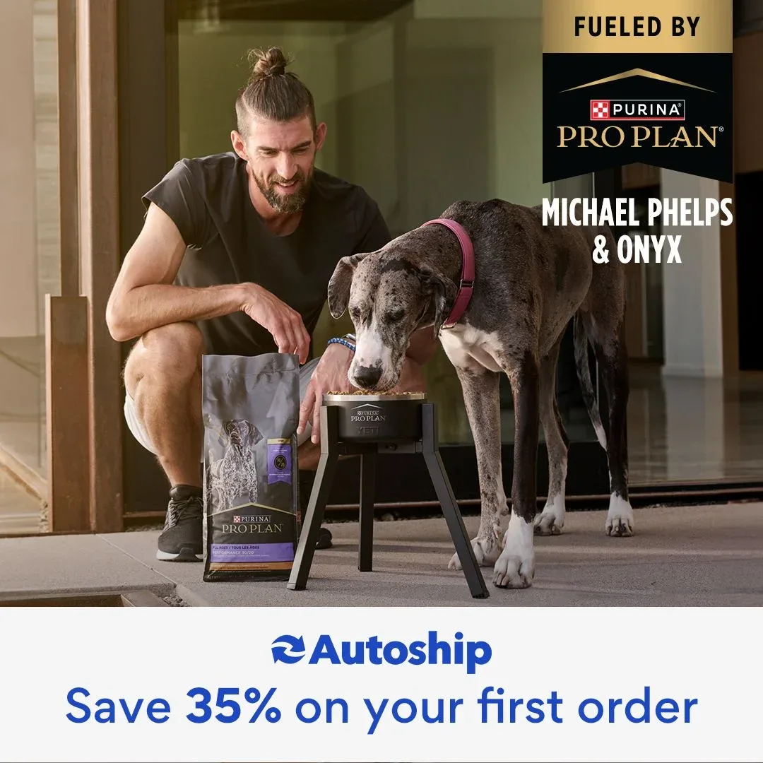 Pet brand advertising example: Purina Pro Plan with Michael Phelps beside the Great Dane Onyx, with an Autoship save 35% banner