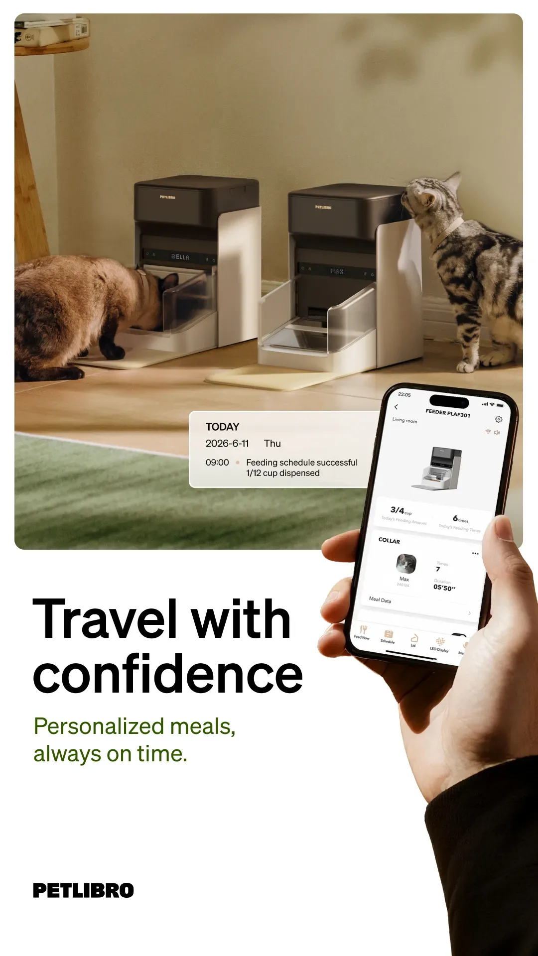 Pet product ad example: Petlibro automatic feeders with two cats eating and a hand holding the feeding app, under Travel with confidence