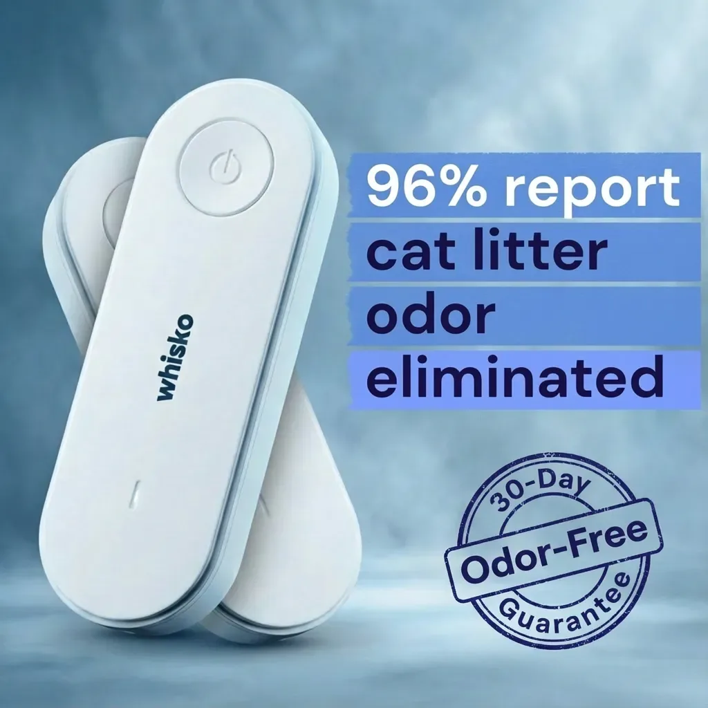 Cat product ad example: Whisko litter deodorizer device with 96% report cat litter odor eliminated and a 30-day guarantee stamp