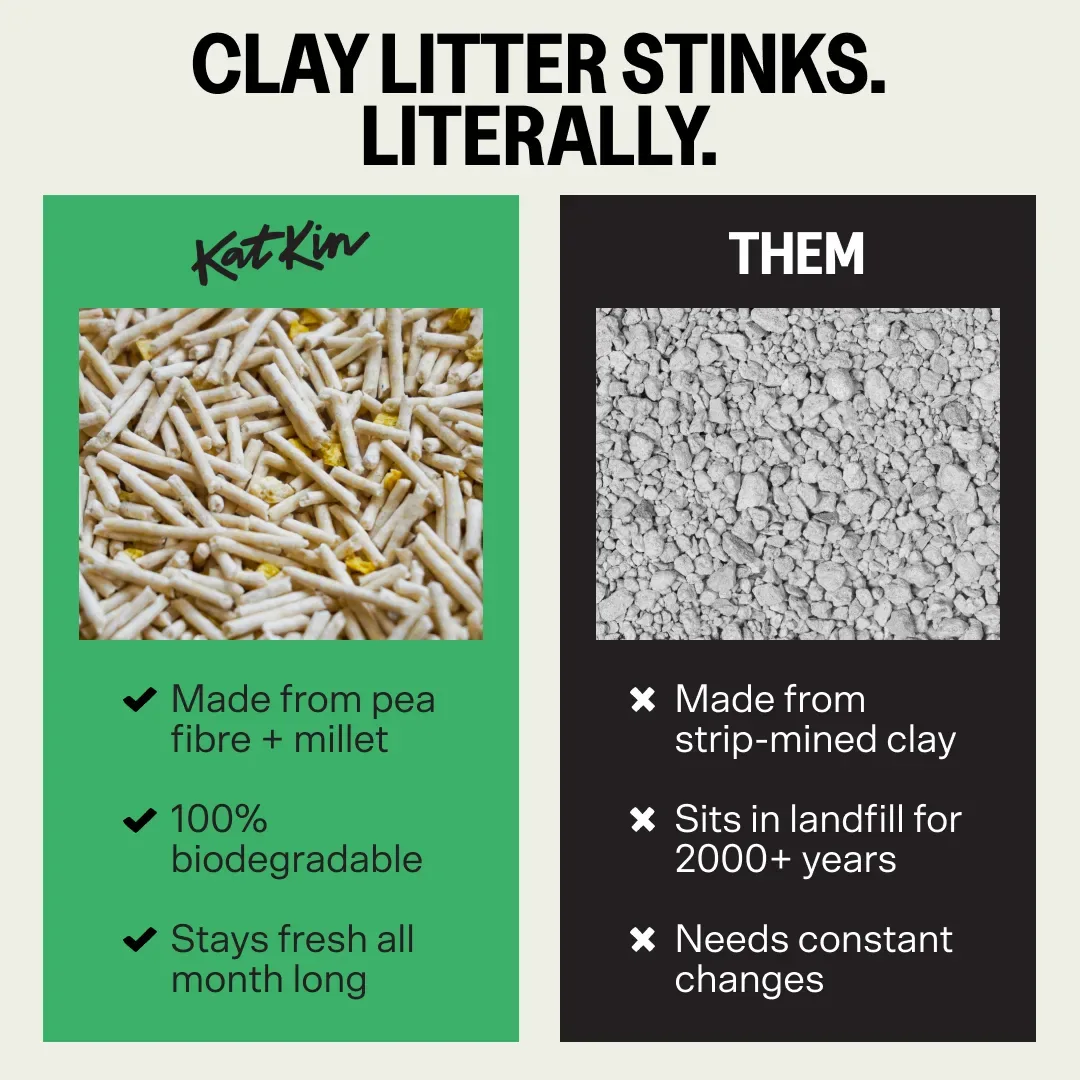 Cat litter ad example: KatKin plant-based litter versus clay litter comparison under Clay litter stinks. Literally.