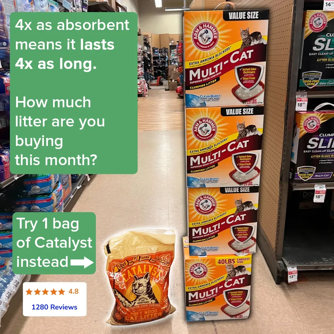 Cat litter ad example: Catalyst phone photo in a pet store aisle of stacked competitor litter with green callouts and a review badge