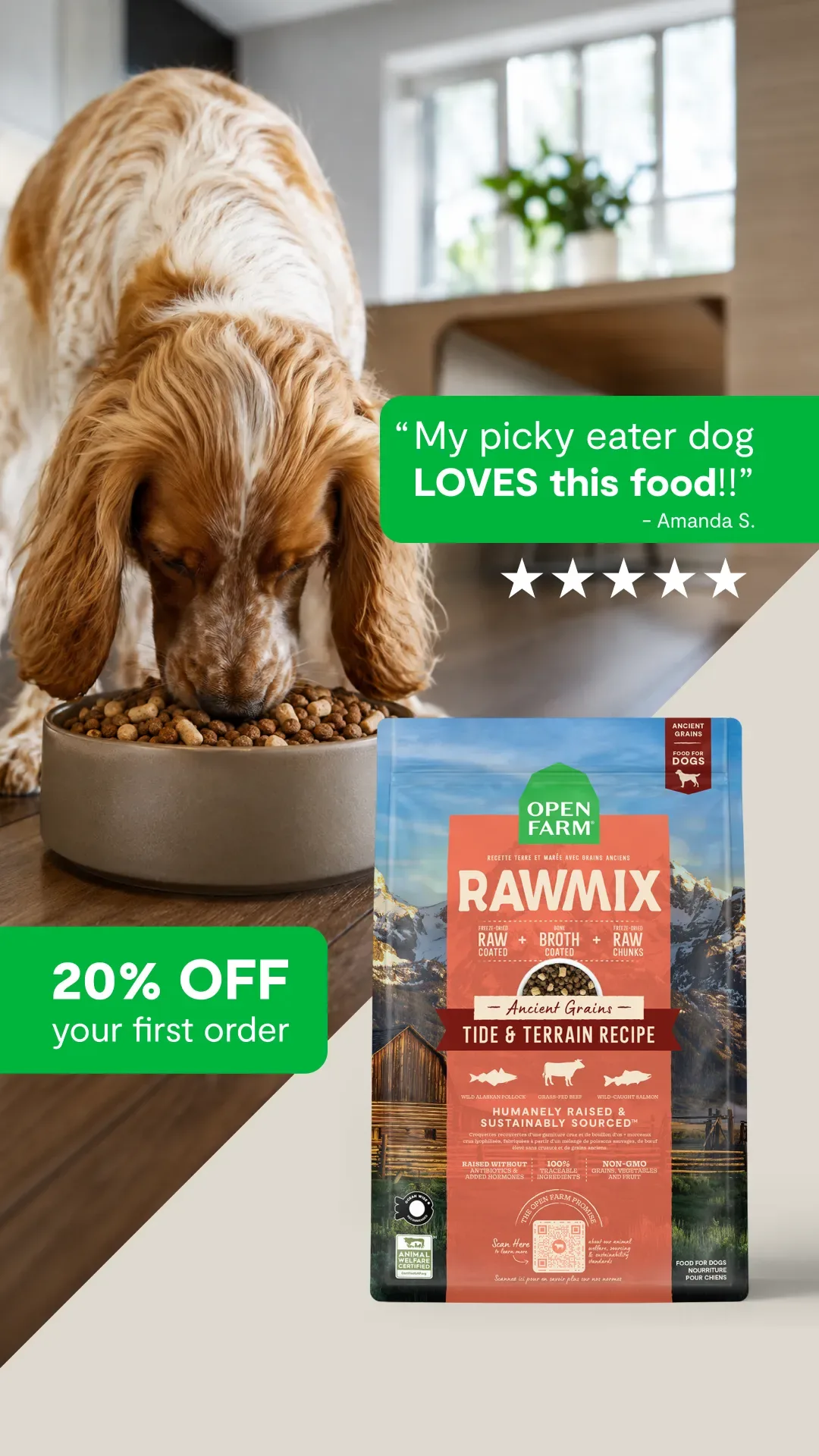 Dog food ad example: Open Farm RawMix with a spaniel eating, a customer quote about a picky eater, and a 20% off first order tag