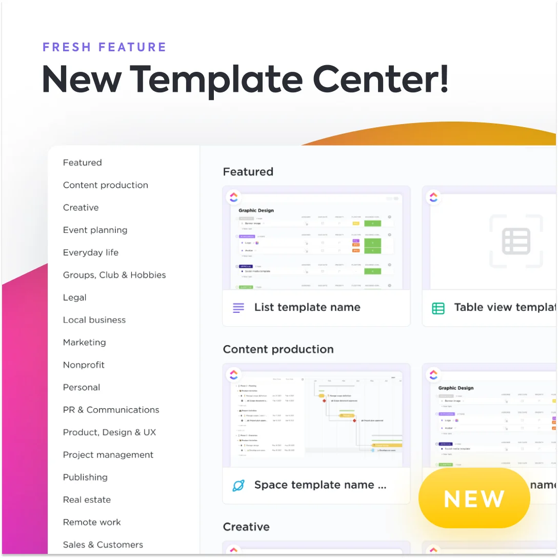 ClickUp New Template Center ad showing a gallery of templates