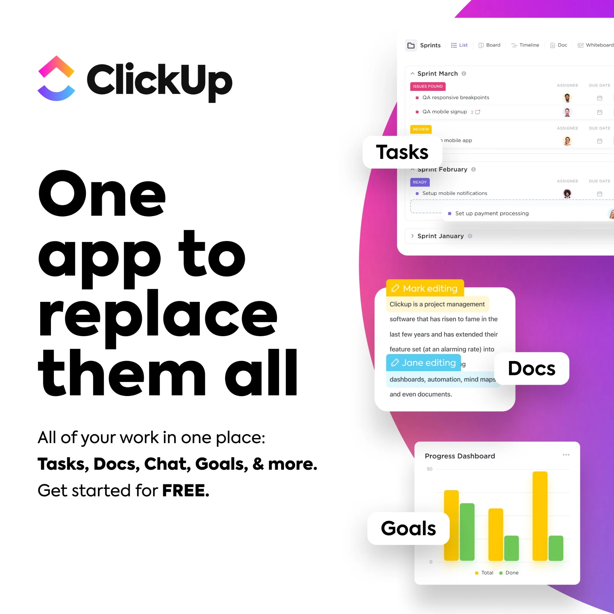 ClickUp One app to replace them all ad with Tasks, Docs, and Goals product screenshots