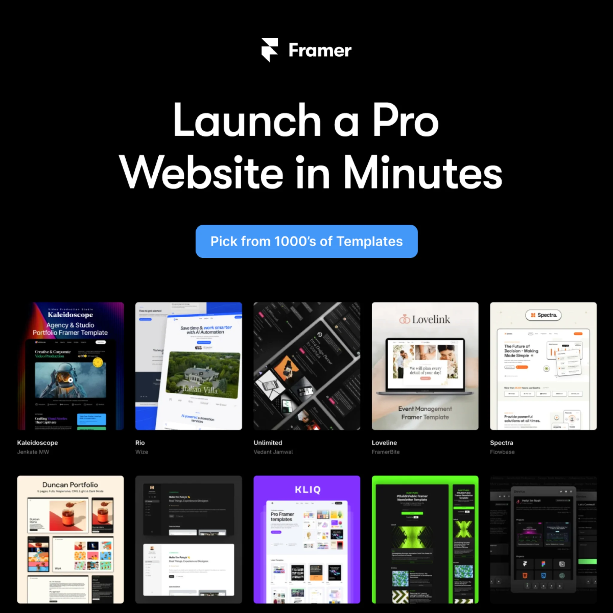 Framer Launch a Pro Website in Minutes ad with a grid of website templates