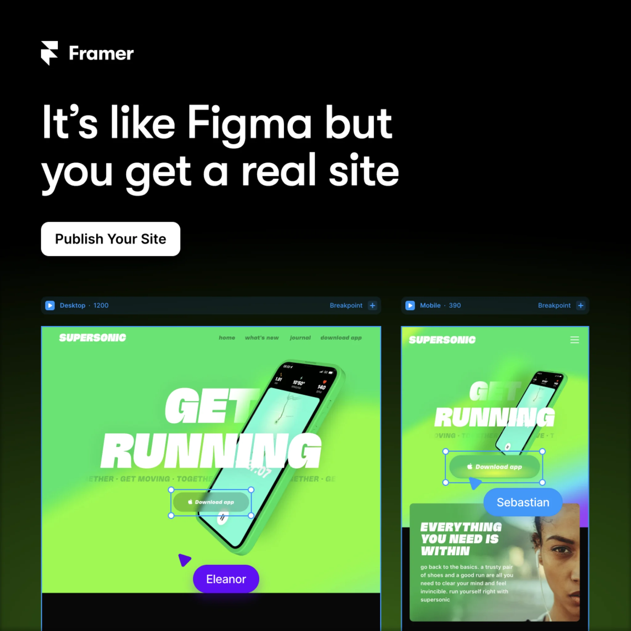 Framer ad reading It's like Figma but you get a real site over website mockups