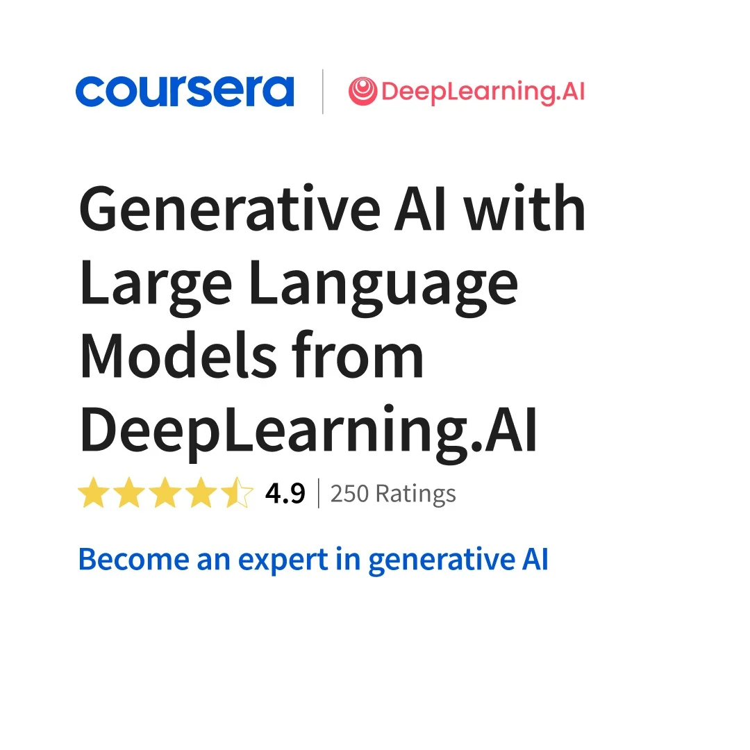 Coursera Generative AI with Large Language Models ad with a 4.9 star rating and DeepLearning.AI co-brand