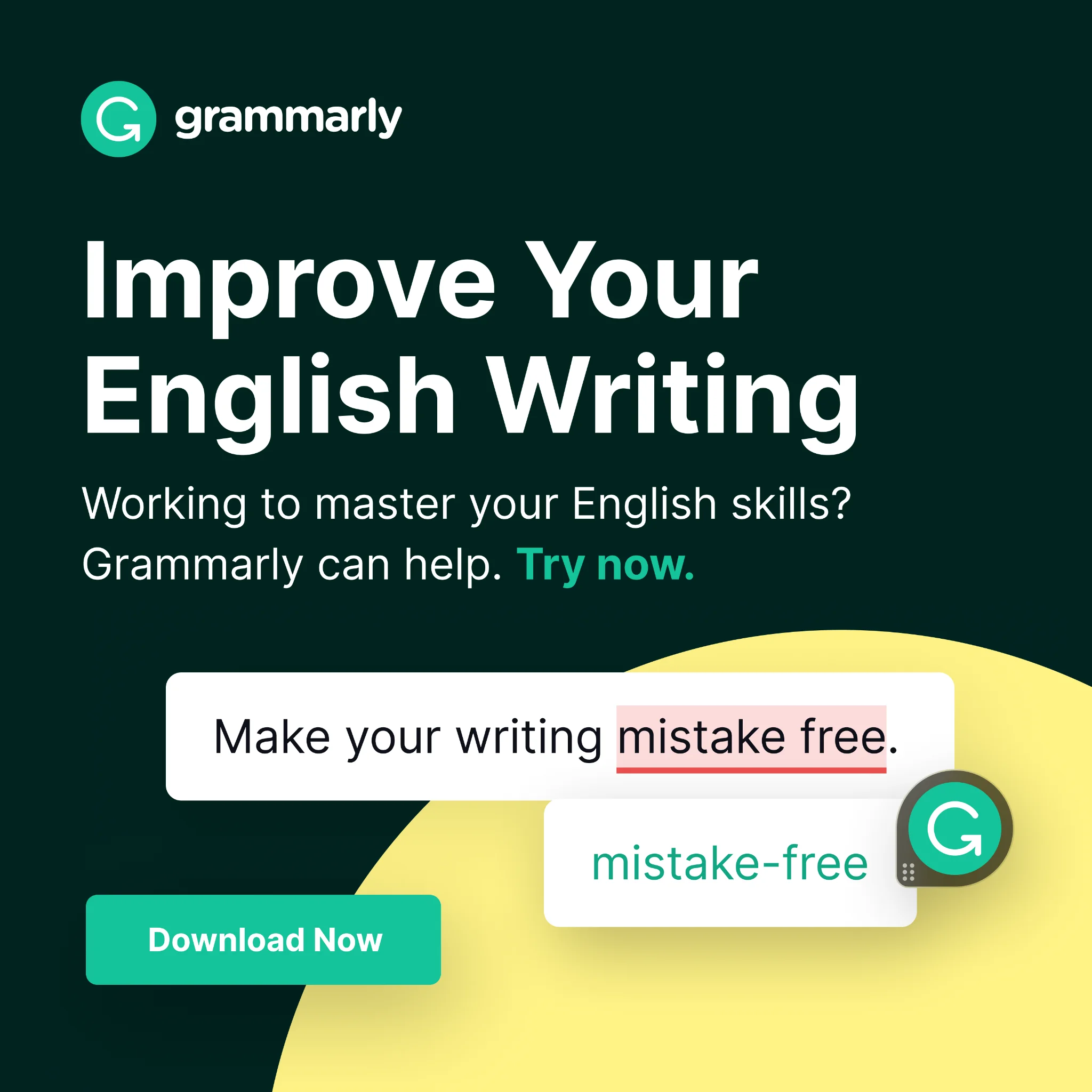 Grammarly Improve Your English Writing ad showing the editor correcting mistake free to mistake-free