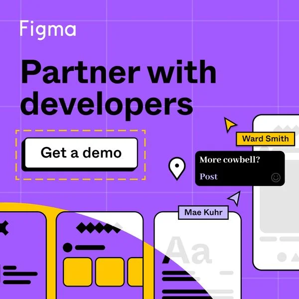 Figma Partner with developers ad with a Get a demo CTA and design handoff mockups