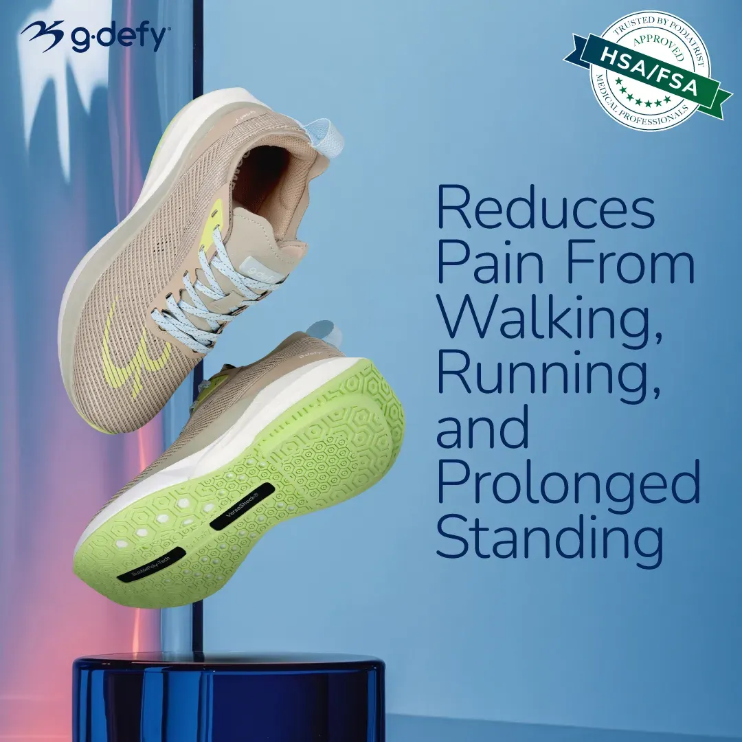 Gravity Defyer shoe ad example: two floating sneakers with green soles beside Reduces Pain From Walking, Running, and Prolonged Standing