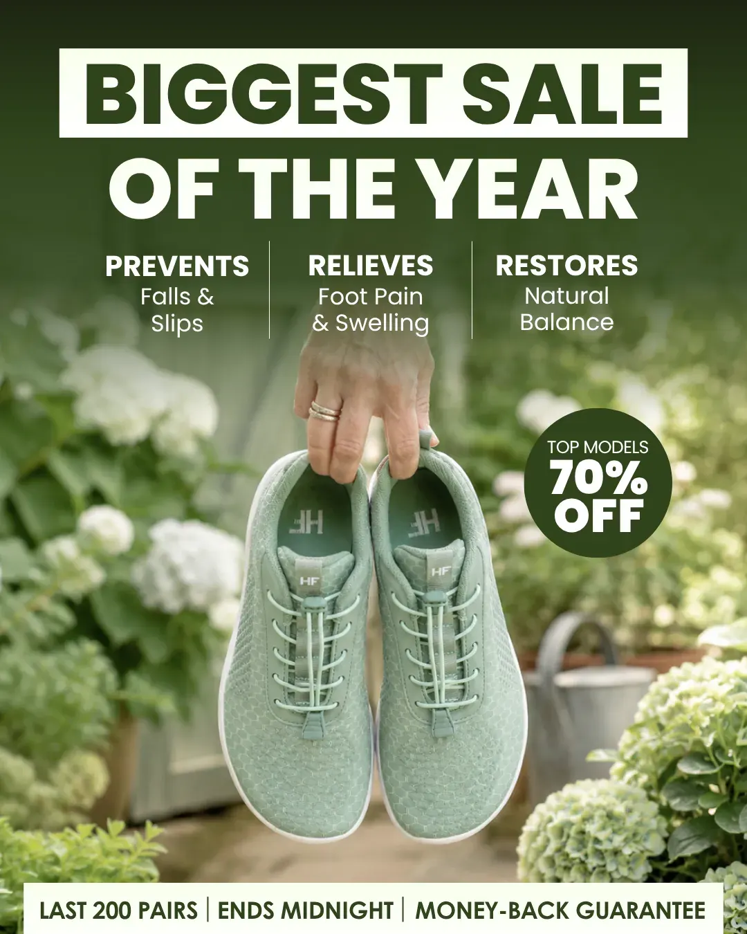 HIKE Footwear shoe ad example: a hand holds sage barefoot shoes in a garden under Biggest sale of the year with three health claims