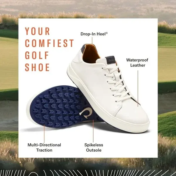 OluKai golf shoe ad example: a white leather golf shoe and its blue spikeless outsole with four labeled features over a golf course