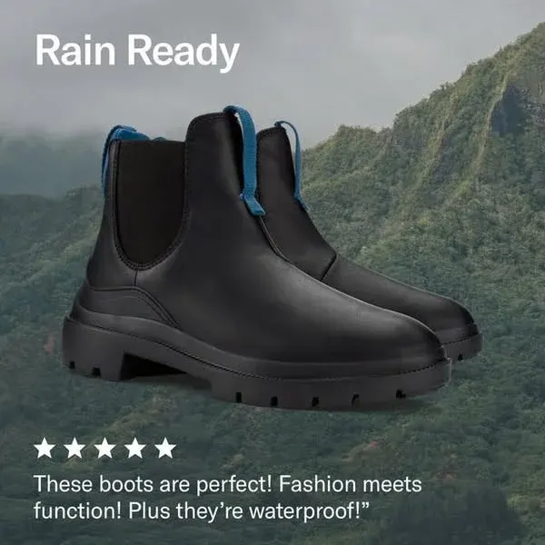 OluKai boot ad example: a black waterproof Chelsea boot over green Hawaiian mountains with a five-star review, Rain Ready