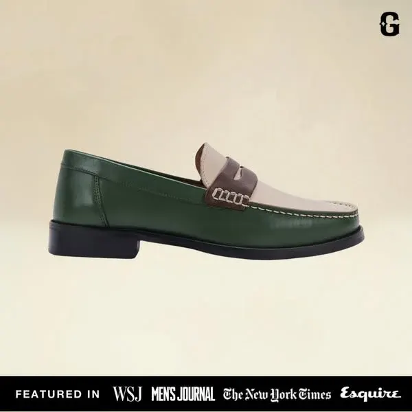 Greats shoe ad example: a green and cream penny loafer on beige above a Featured in WSJ, Men's Journal, New York Times, Esquire bar